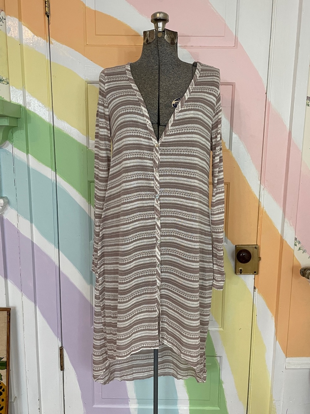 NWT Camille & Co Stripe Knit Button Front Duster Cardigan Coverup Sz L 💚🎀